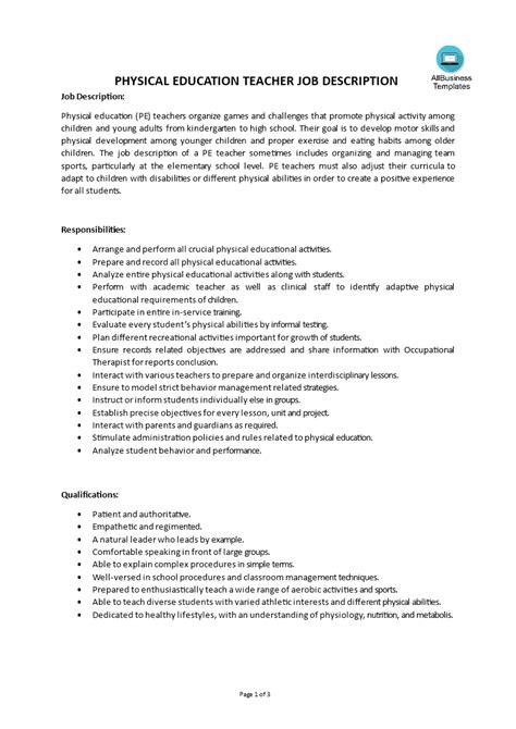 physical education teacher job description.